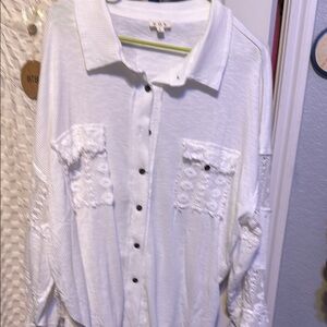 POL White oversized Ribbed and Lace Shirt Size L NWOT